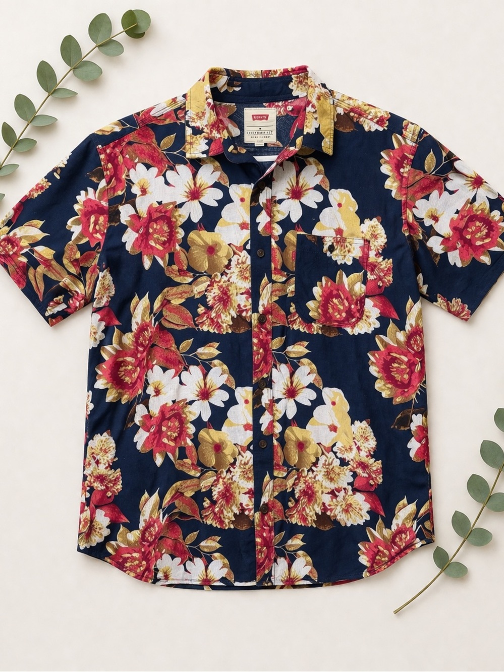 Levi’s Cubano Floral Button Down Shirt Navy Red Tropical Short Sleeve